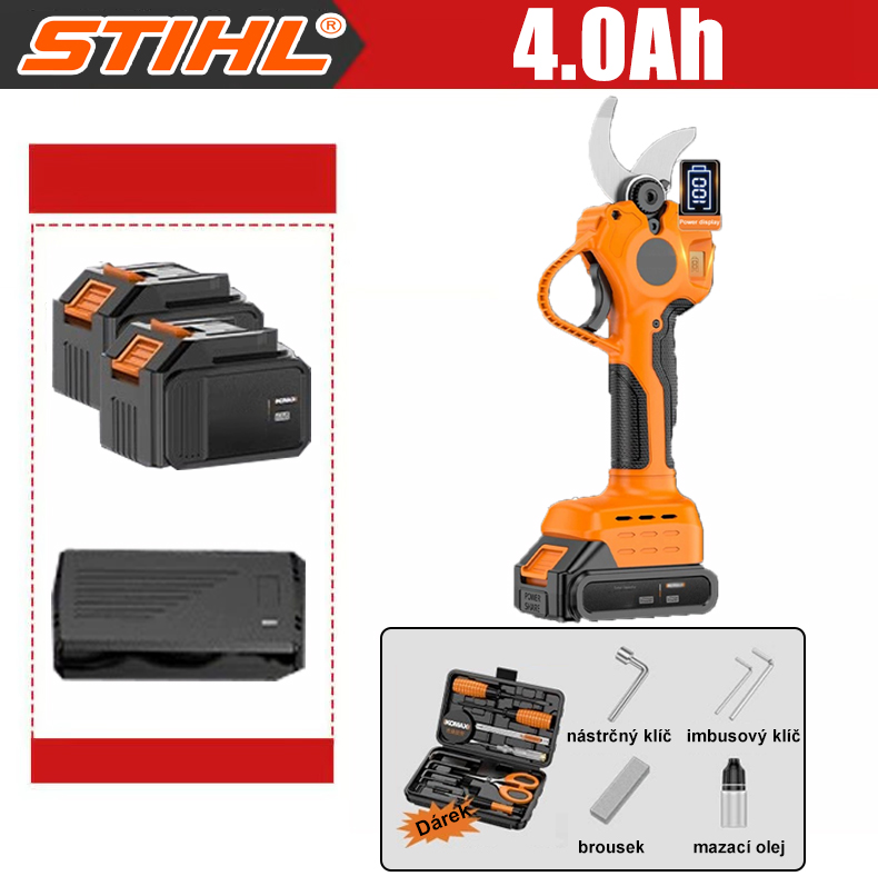 Elektrické bezuhlíkové nůžky STIHL 1000 W zahradnické nůžky + dvě baterie 4,0 Ah 48 V + nabíječka] Životnost baterie 6 hodin + různé příslušenství